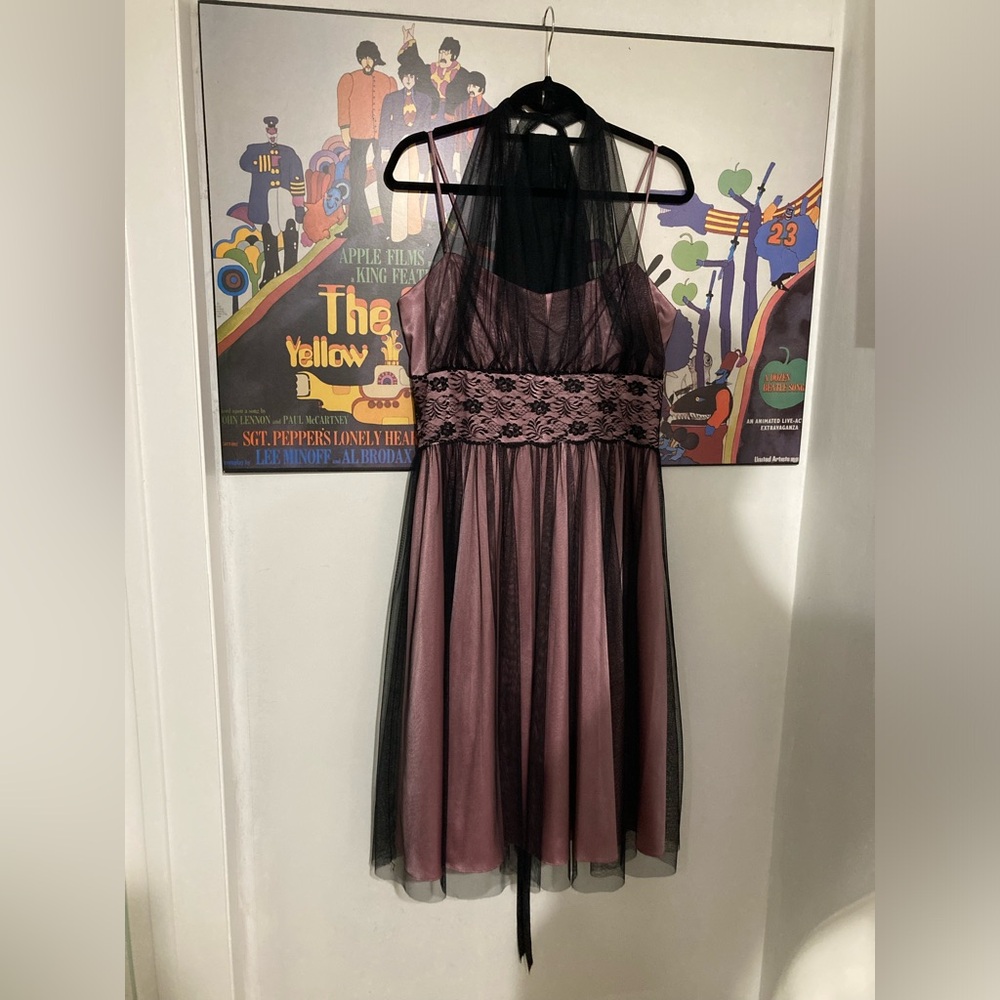 Rare - Pink and Black Taffeta Vintage 80s Dress with Matching Scarf/Shawl/Belt